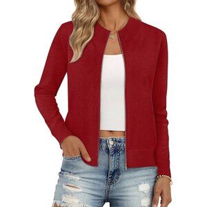 Women's Red Zip Up Crew Neck  Long Sleeve Trendy Winter Jackets Sweaters